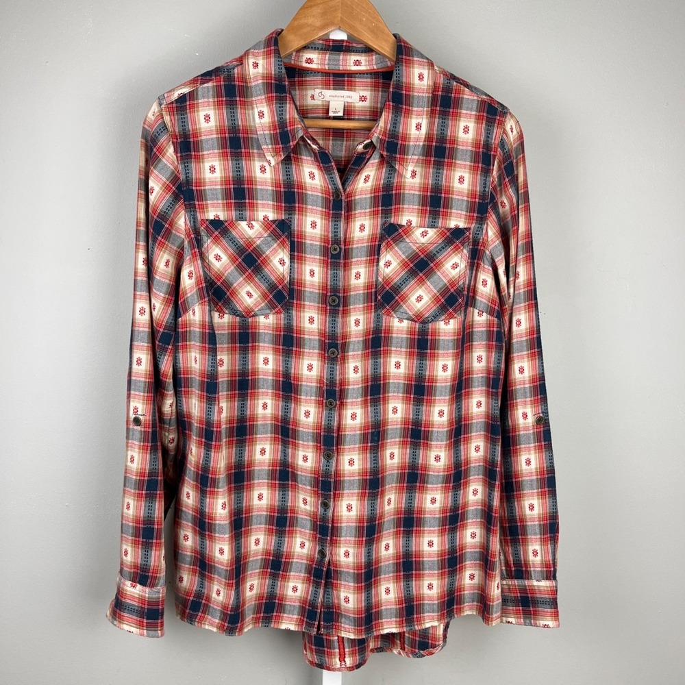 Dressbarn Western Plaid Shirt Top Womens L Red Blue Button Up Long Sleeve - Picture 2 of 6